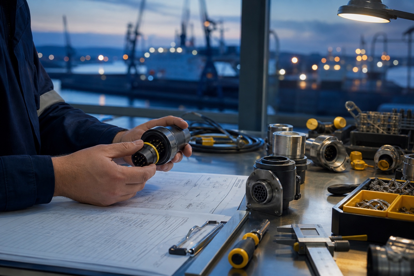 Revisión técnica de conectores industriales junto al puerto